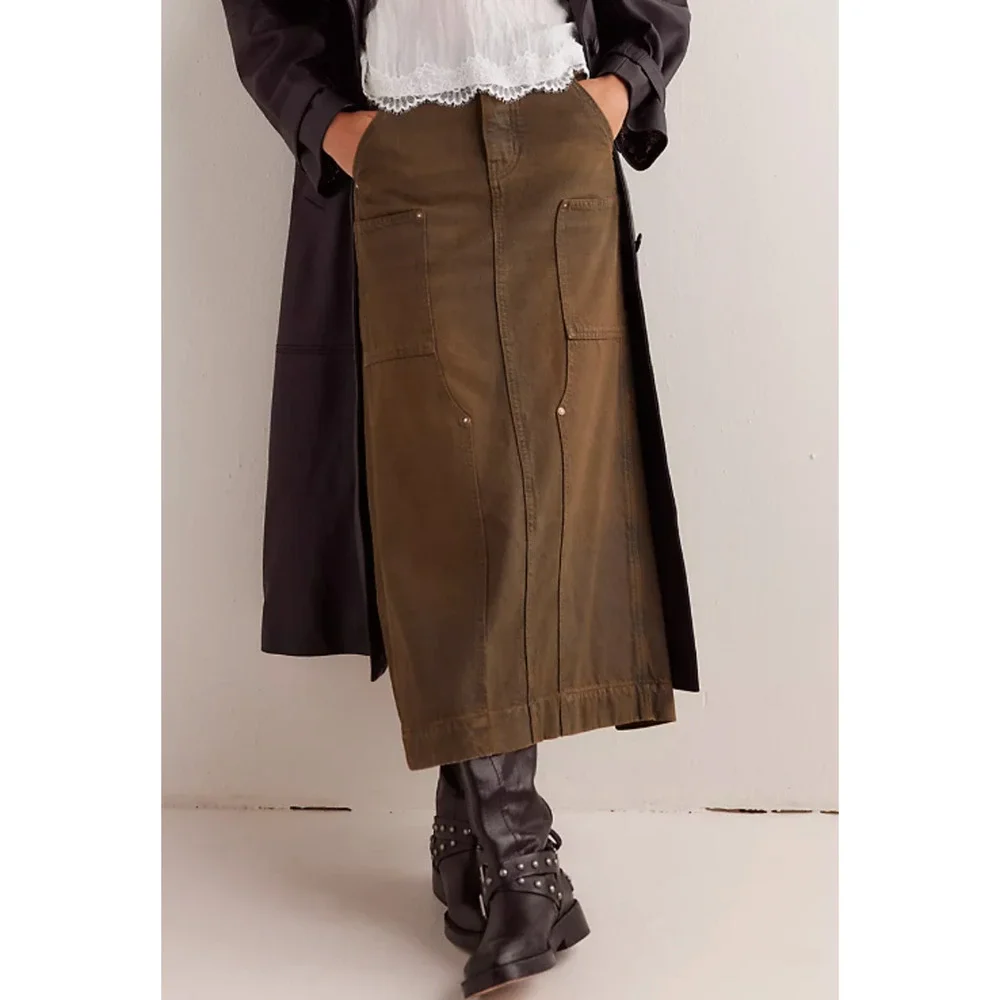 NEW FREE PEOPLE WE THE FREE NEW MOON HARMONICA COATED DENIM MAXI SKIRT SZ 26